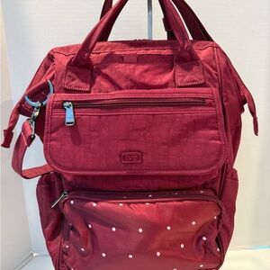 EUC Lug Via 3 in 1 Travel Backpack, Duffel or Tote Burgundy Dot Travel Bag